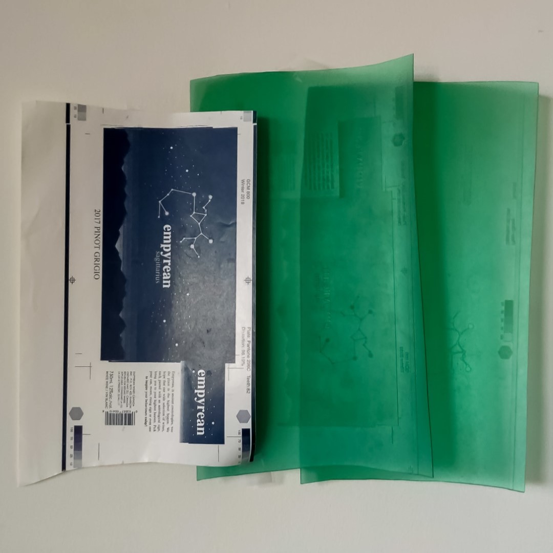 Two of the plates, navy (Pantone shade 296C) and gloss, along with a press copy. The glossy unfortunately did not print as clearly as desired